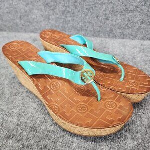 Tory Burch Thora Teal Patent Leather Cork Platform Wedge Flip Flops Womens 9 M